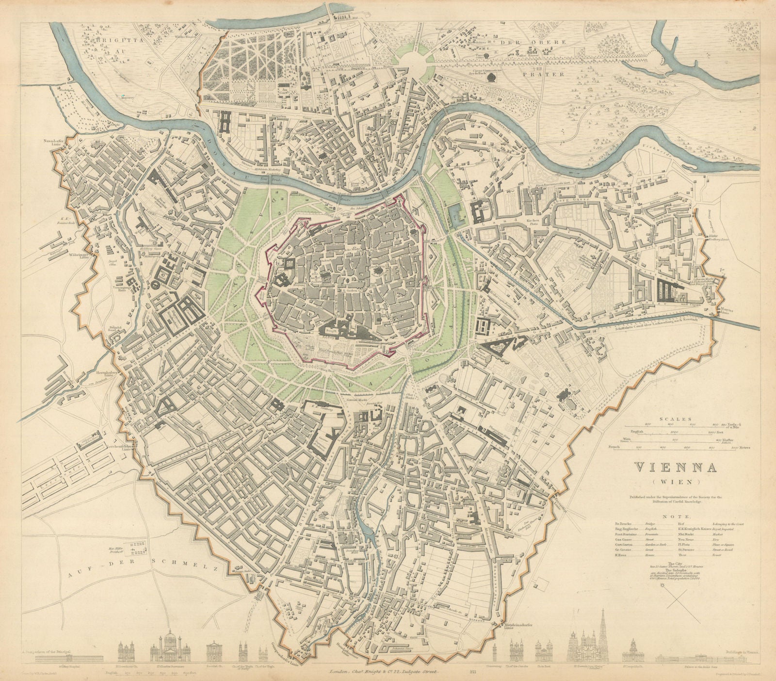 VIENNA WIEN. Antique town city map plan. Principal building profiles. SDUK 1847